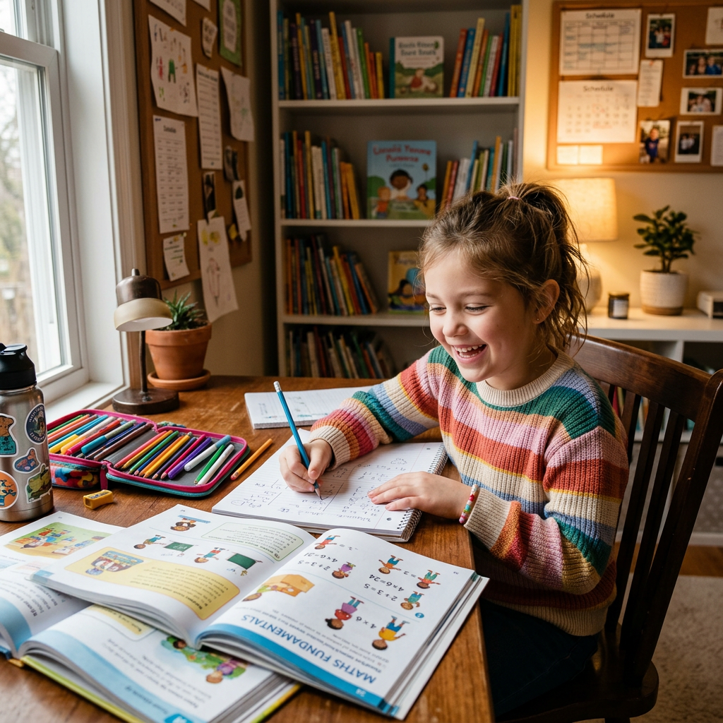 Smiling child writing homework at a table with books and colored pencils